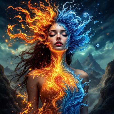 The primary subject of the image is a woman with a mix of orange and blue hair. She is the main focus of the image, and her hair is the most prominent feature. The setting is a dark, cloudy sky, which adds to the overall atmosphere of the image. The visual style is a digital art or illustration, as the woman's hair is depicted in a vibrant and artistic manner. The colors and mood of the image are predominantly dark and moody, with the woman's hair standing
